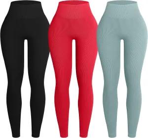 OVESPORT 3 Piece Ribbed Seamless Leggings for Women High Waist Workout Gym Athletic Yoga Pants