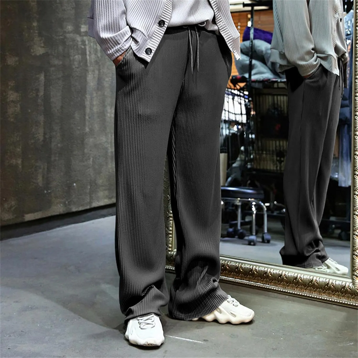 Straight Legs Pants for Men Waffle Drawstring Casual Loose Classic Stylish Pants Elastic Waist Beach Outdoor Trousers