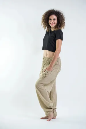 Thai Smocked Waist Cotton Pants in Tan, Thailand