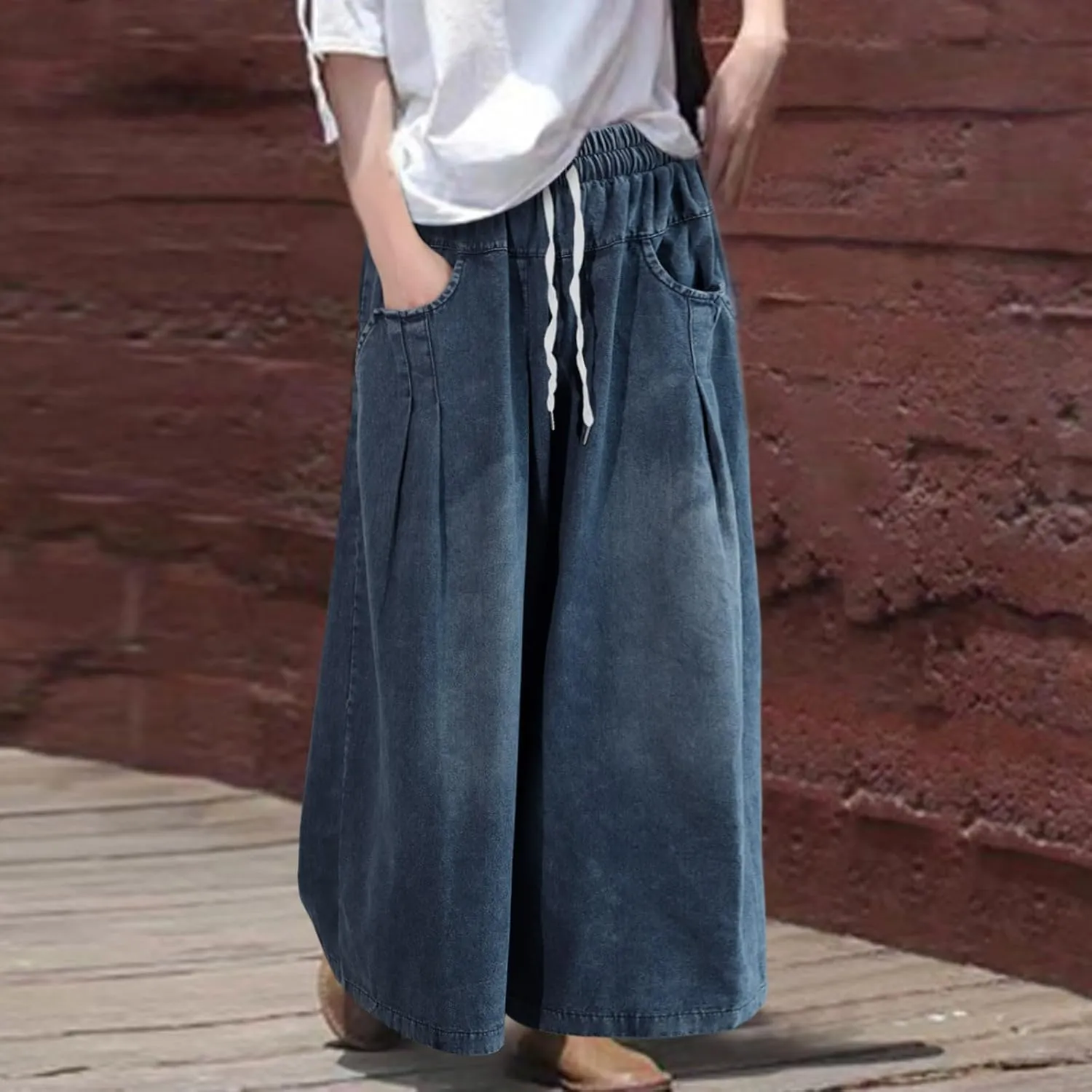 Wide Leg Cropped Jeans for Women Elastic Waisted Baggy Capris Jeans Casual Loose Boyfriend Raw Hem Denim Pants