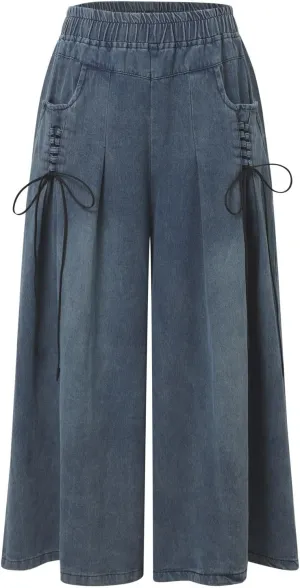 Wide Leg Cropped Jeans for Women Elastic Waisted Baggy Capris Jeans Casual Loose Boyfriend Raw Hem Denim Pants