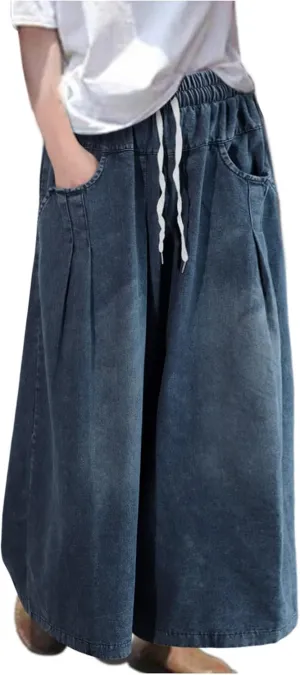 Wide Leg Cropped Jeans for Women Elastic Waisted Baggy Capris Jeans Casual Loose Boyfriend Raw Hem Denim Pants