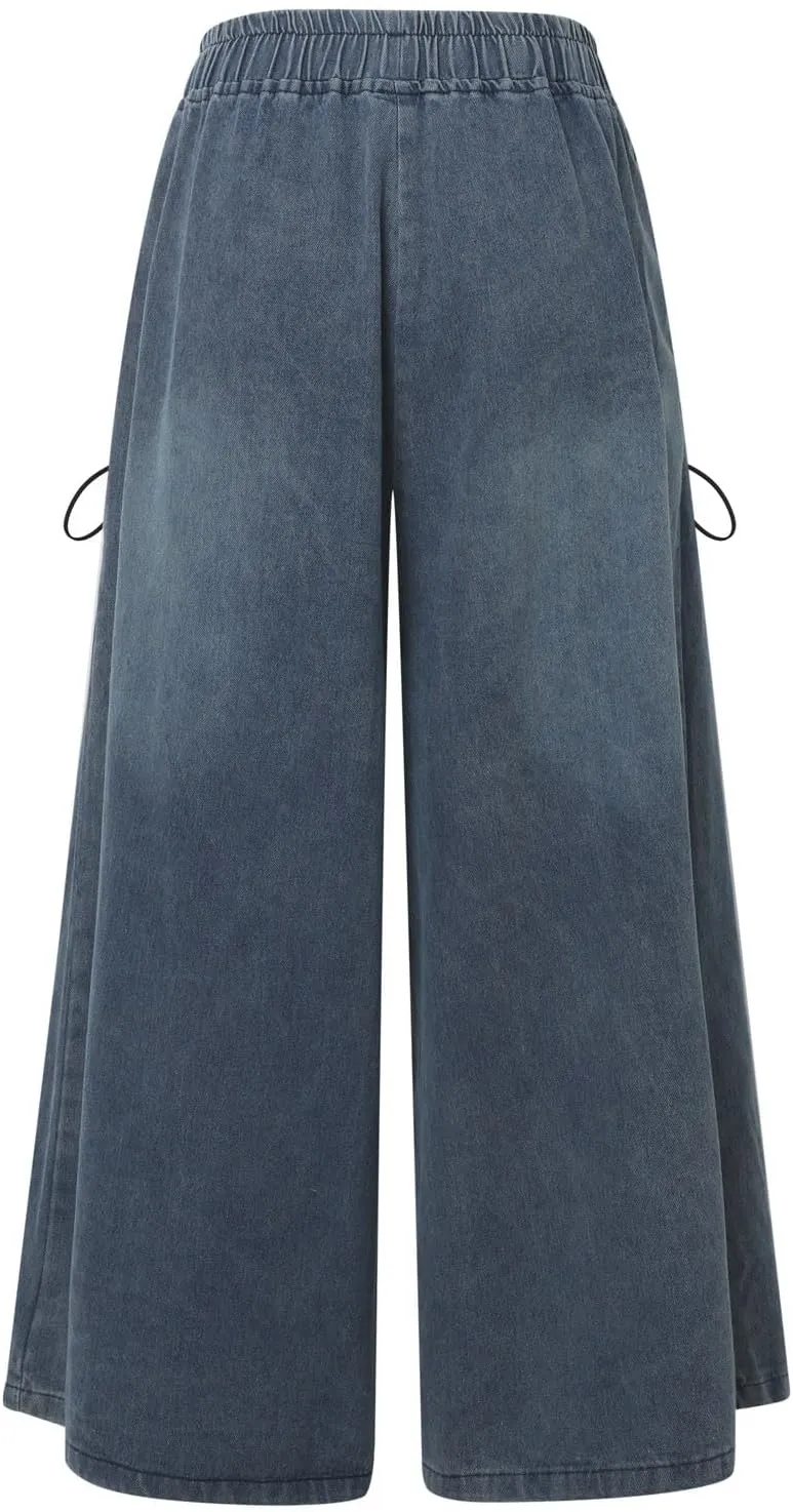 Wide Leg Cropped Jeans for Women Elastic Waisted Baggy Capris Jeans Casual Loose Boyfriend Raw Hem Denim Pants