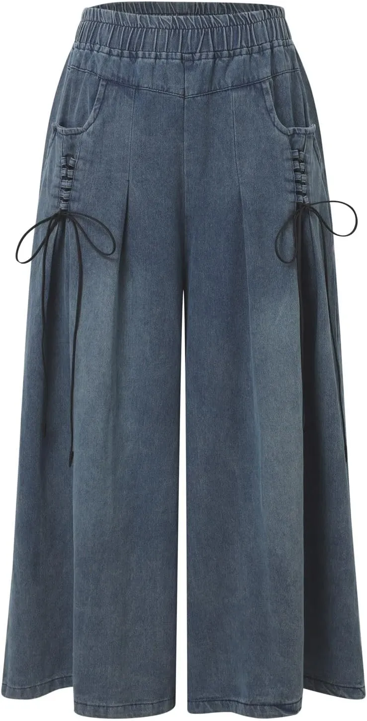 Wide Leg Cropped Jeans for Women Elastic Waisted Baggy Capris Jeans Casual Loose Boyfriend Raw Hem Denim Pants