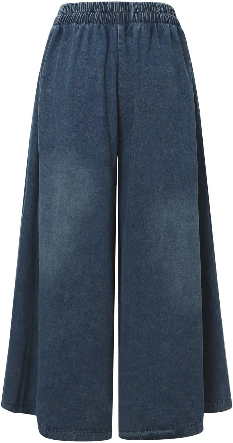 Wide Leg Cropped Jeans for Women Elastic Waisted Baggy Capris Jeans Casual Loose Boyfriend Raw Hem Denim Pants