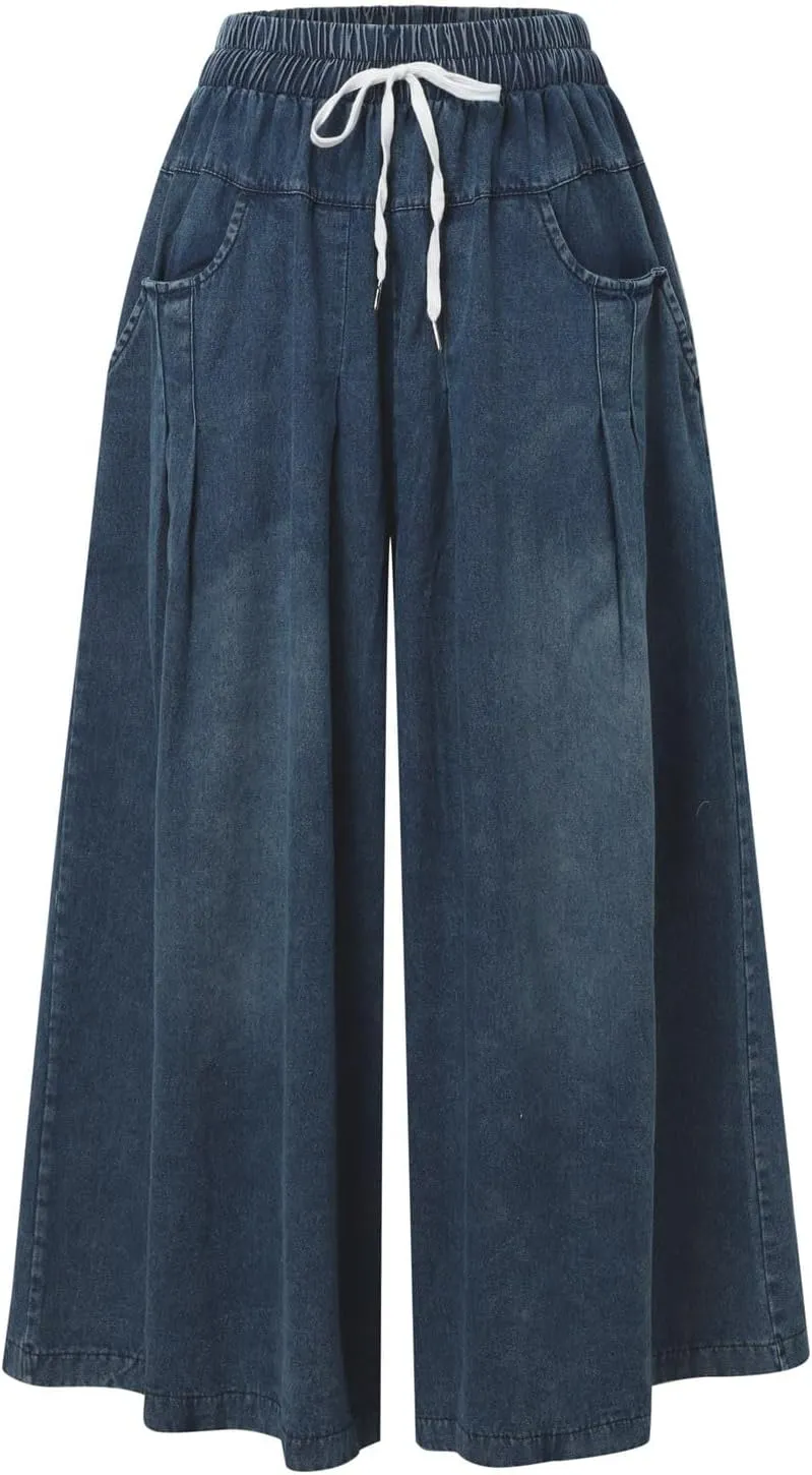 Wide Leg Cropped Jeans for Women Elastic Waisted Baggy Capris Jeans Casual Loose Boyfriend Raw Hem Denim Pants