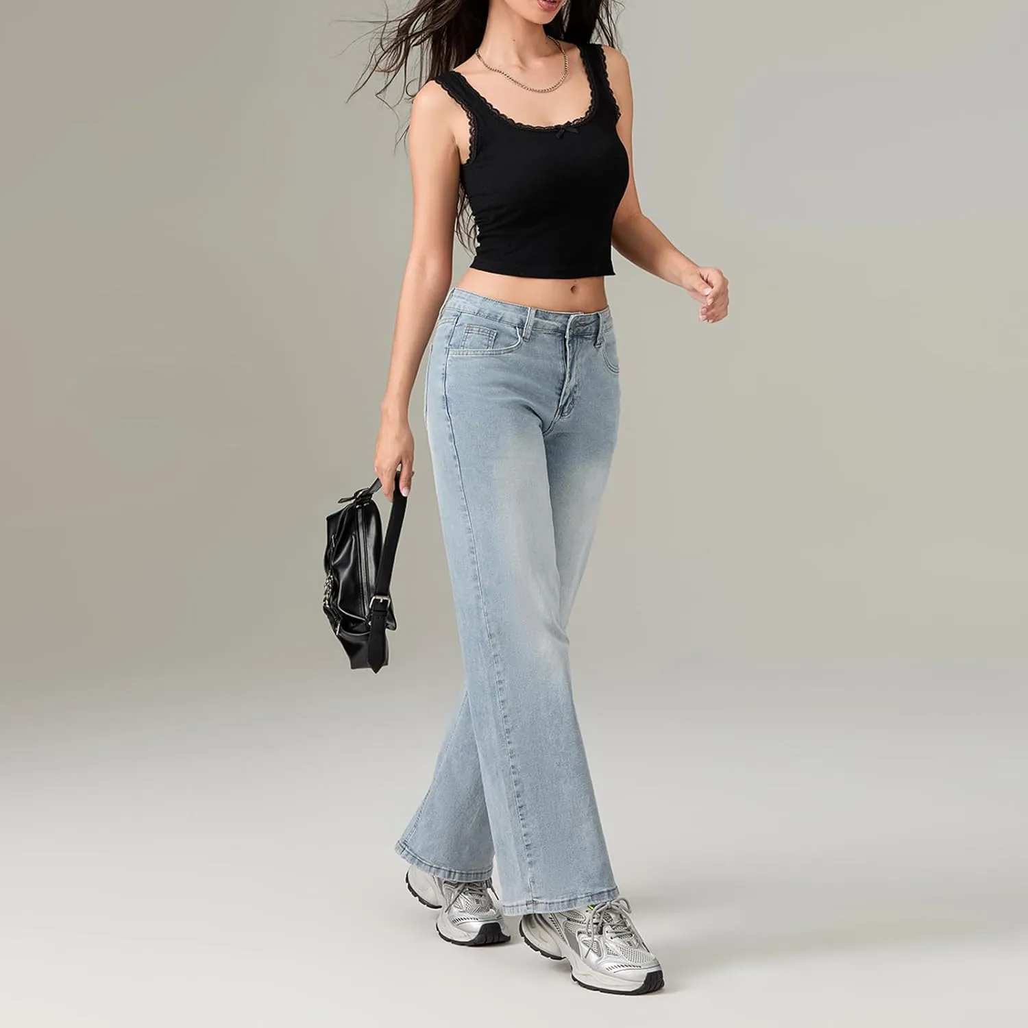 Women Skinny Flare Jeans Retro Washed Solid Long Denim Pants Mid Waist Buttons Zip Up Jean Trousers with Pockets
