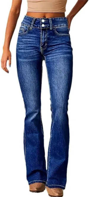 Women Skinny Flare Jeans Retro Washed Solid Long Denim Pants Mid Waist Buttons Zip Up Jean Trousers with Pockets