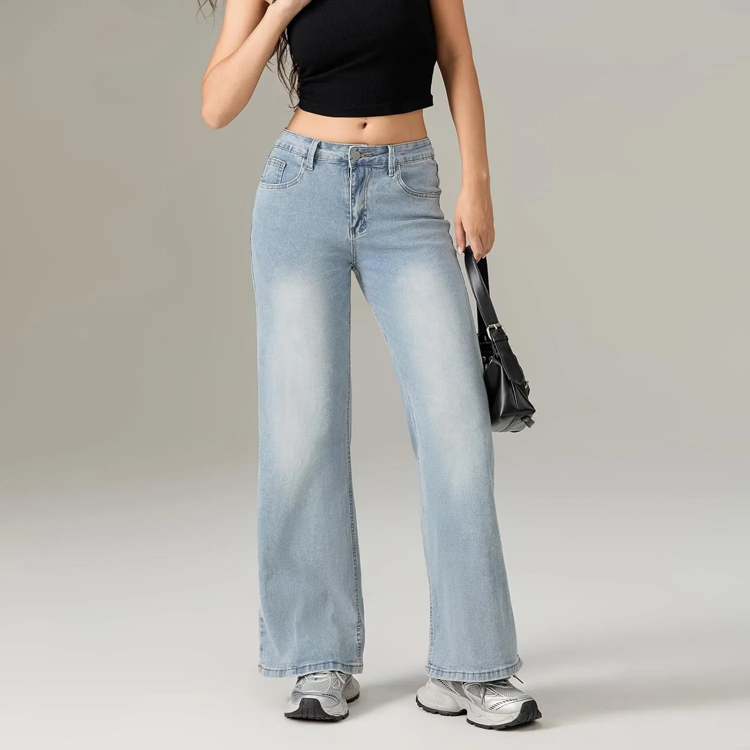 Women Skinny Flare Jeans Retro Washed Solid Long Denim Pants Mid Waist Buttons Zip Up Jean Trousers with Pockets