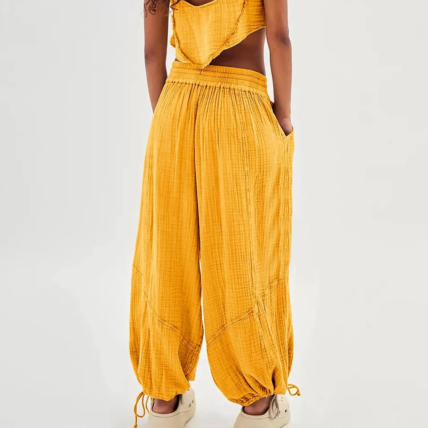 Women's Casual Cotton Linen Baggy Pants Lantern Trouser Summer Drawstring Waist Wide Leg Loose Palazzo Pants