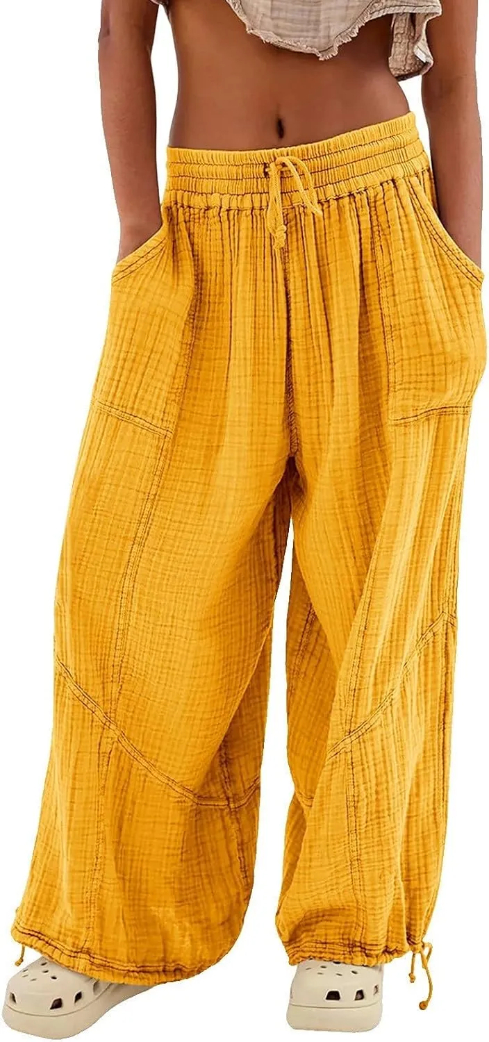 Women's Casual Cotton Linen Baggy Pants Lantern Trouser Summer Drawstring Waist Wide Leg Loose Palazzo Pants
