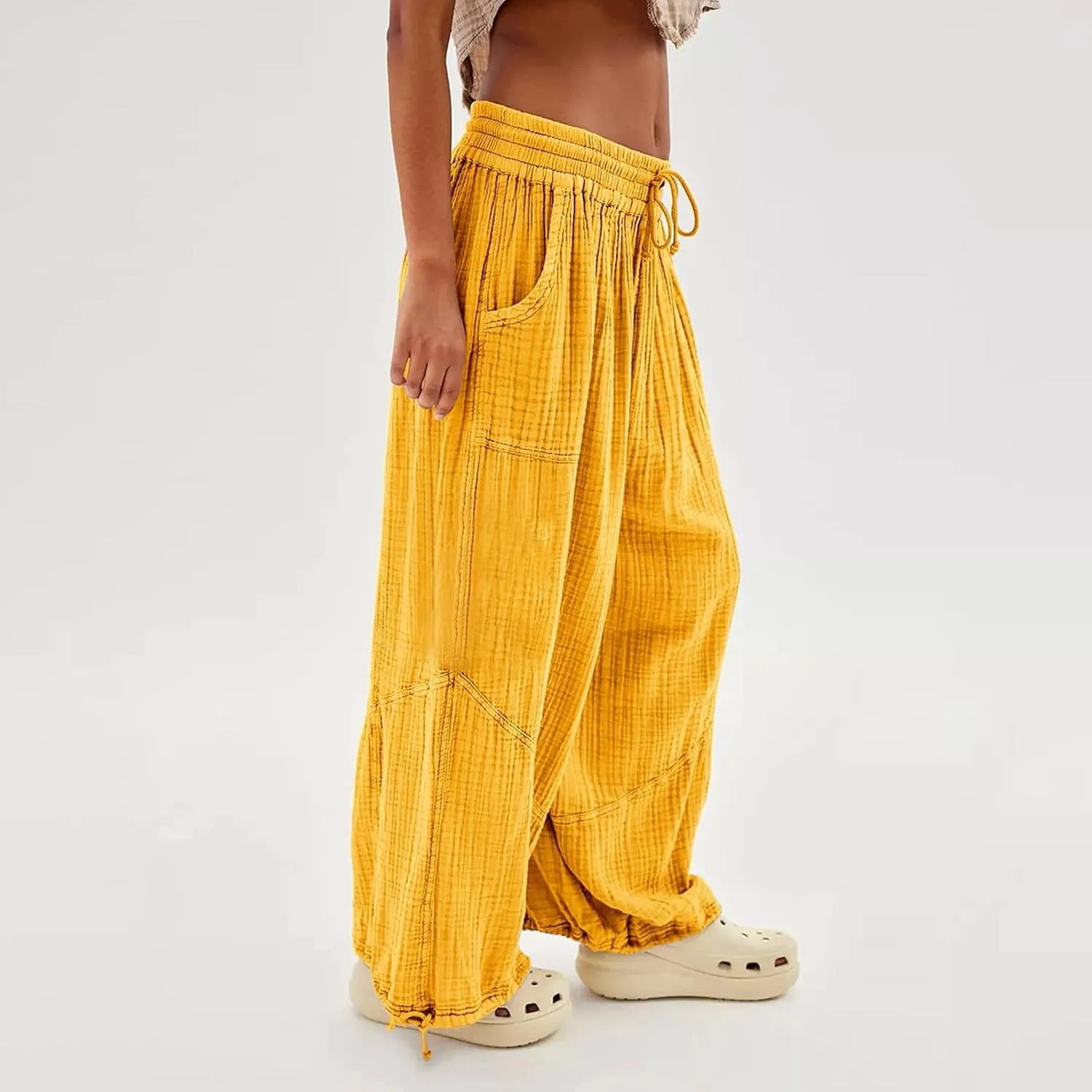 Women's Casual Cotton Linen Baggy Pants Lantern Trouser Summer Drawstring Waist Wide Leg Loose Palazzo Pants