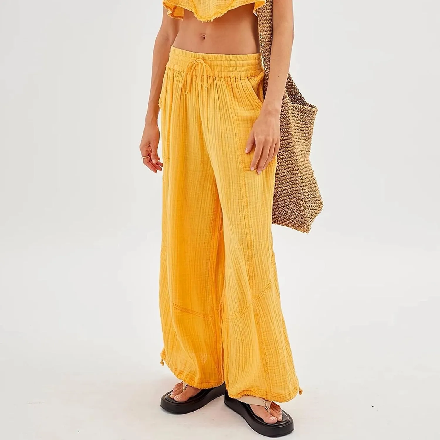 Women's Casual Cotton Linen Baggy Pants Lantern Trouser Summer Drawstring Waist Wide Leg Loose Palazzo Pants