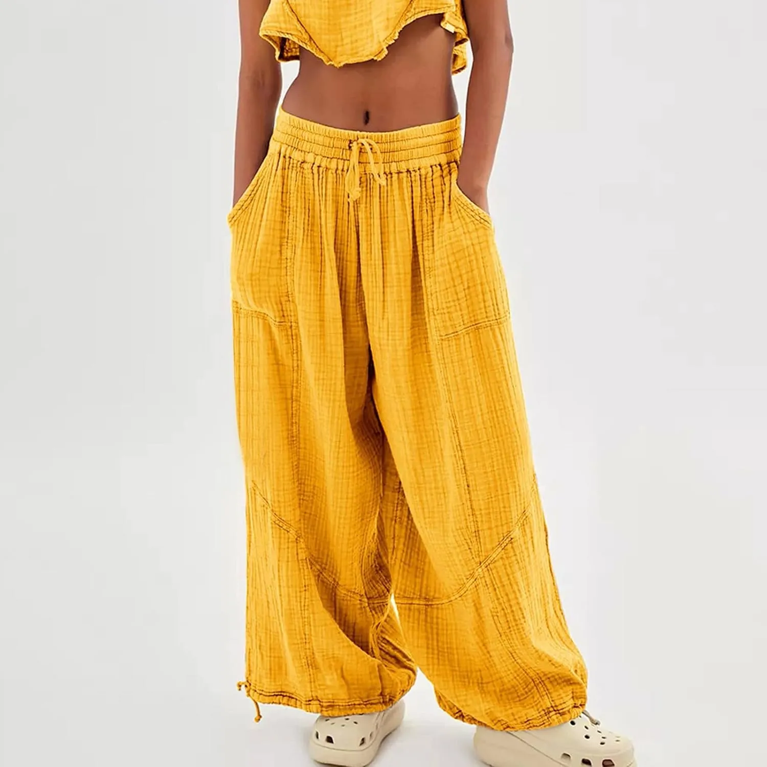 Women's Casual Cotton Linen Baggy Pants Lantern Trouser Summer Drawstring Waist Wide Leg Loose Palazzo Pants