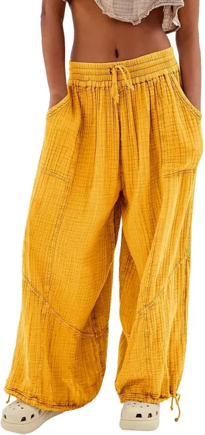 Women's Casual Cotton Linen Baggy Pants Lantern Trouser Summer Drawstring Waist Wide Leg Loose Palazzo Pants