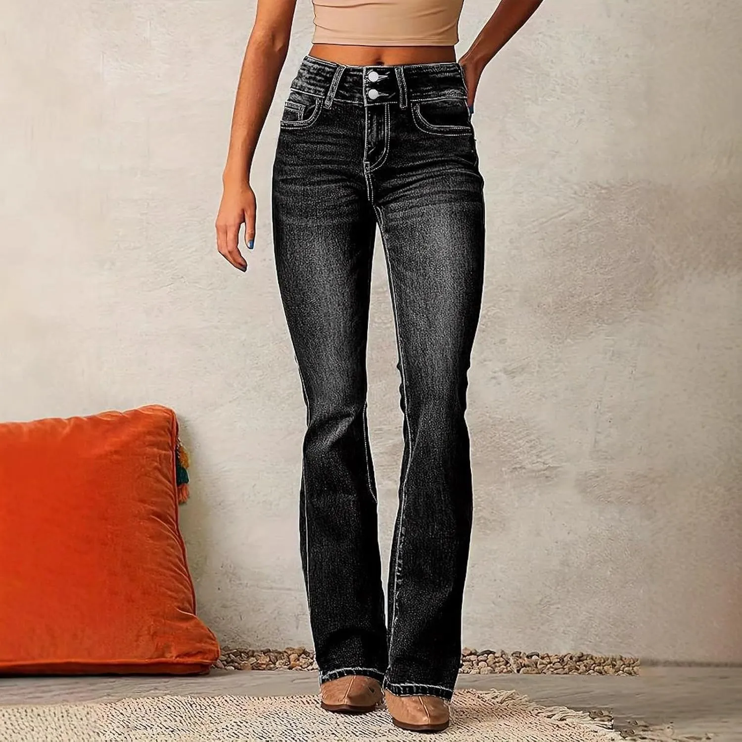 Women's Skinny Flare Jeans Vintage Washed Solid Long Denim Pants Mid Waist Buttons Zipper Up Casual Jean Trousers