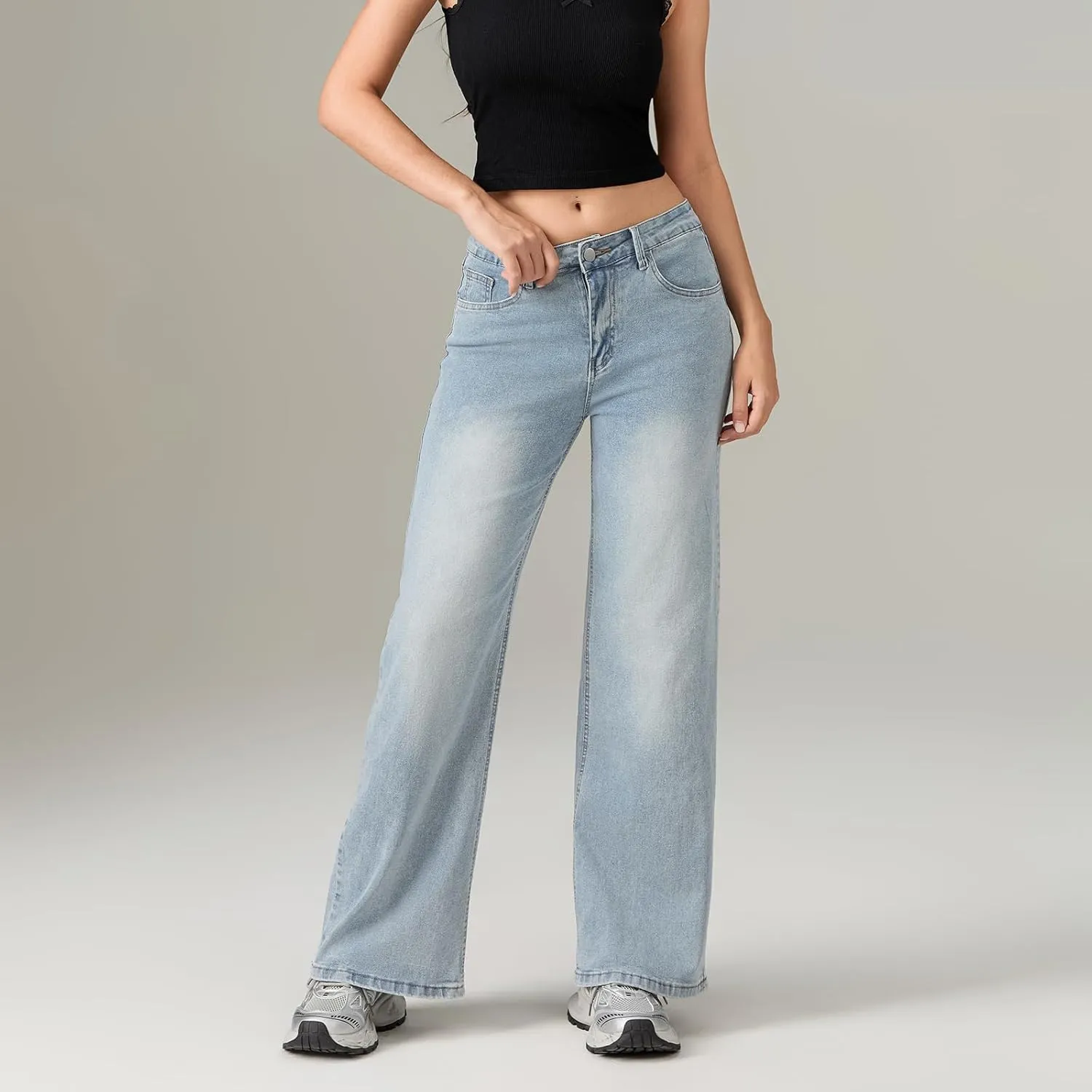 Women's Skinny Flare Jeans Vintage Washed Solid Long Denim Pants Mid Waist Buttons Zipper Up Casual Jean Trousers