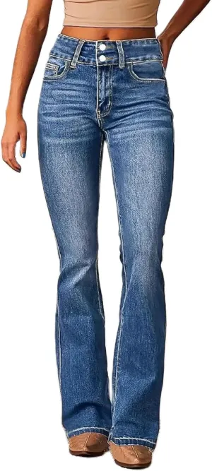 Women's Skinny Flare Jeans Vintage Washed Solid Long Denim Pants Mid Waist Buttons Zipper Up Casual Jean Trousers