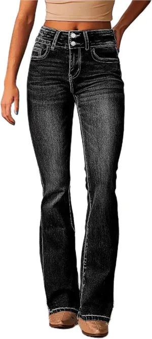 Women's Skinny Flare Jeans Vintage Washed Solid Long Denim Pants Mid Waist Buttons Zipper Up Casual Jean Trousers