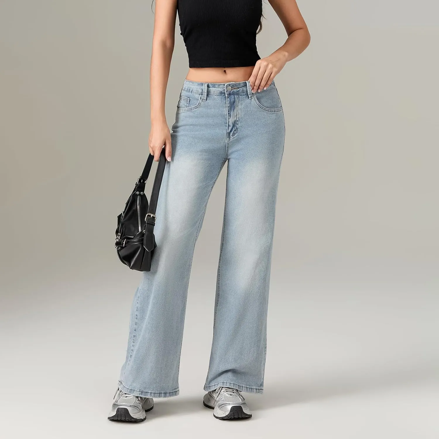 Women's Skinny Flare Jeans Vintage Washed Solid Long Denim Pants Mid Waist Buttons Zipper Up Casual Jean Trousers