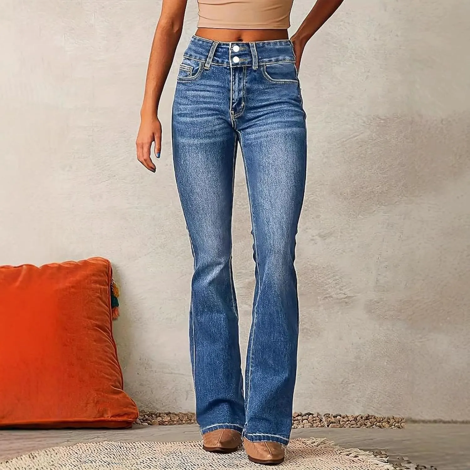 Women's Skinny Flare Jeans Vintage Washed Solid Long Denim Pants Mid Waist Buttons Zipper Up Casual Jean Trousers