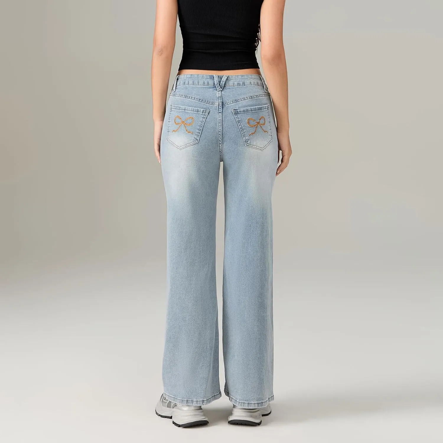 Women's Skinny Flare Jeans Vintage Washed Solid Long Denim Pants Mid Waist Buttons Zipper Up Casual Jean Trousers