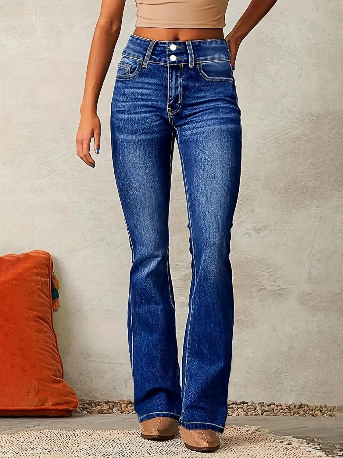 Women's Skinny Flare Jeans Vintage Washed Solid Long Denim Pants Mid Waist Buttons Zipper Up Casual Jean Trousers