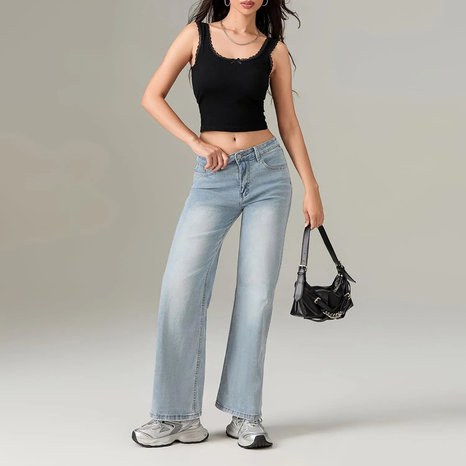 Women's Skinny Flare Jeans Vintage Washed Solid Long Denim Pants Mid Waist Buttons Zipper Up Casual Jean Trousers