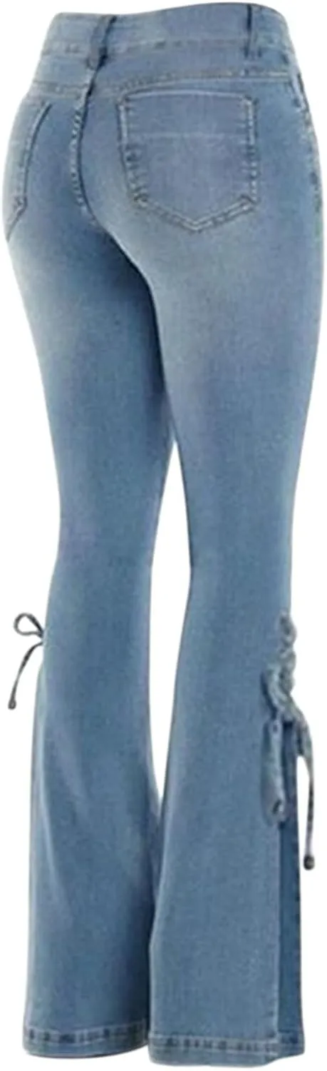 Women's Stretch Bell Bottom High Waisted Pull On Skinny Straight Fit Flare Denim Sweatshirt Jeans Y2K Pant