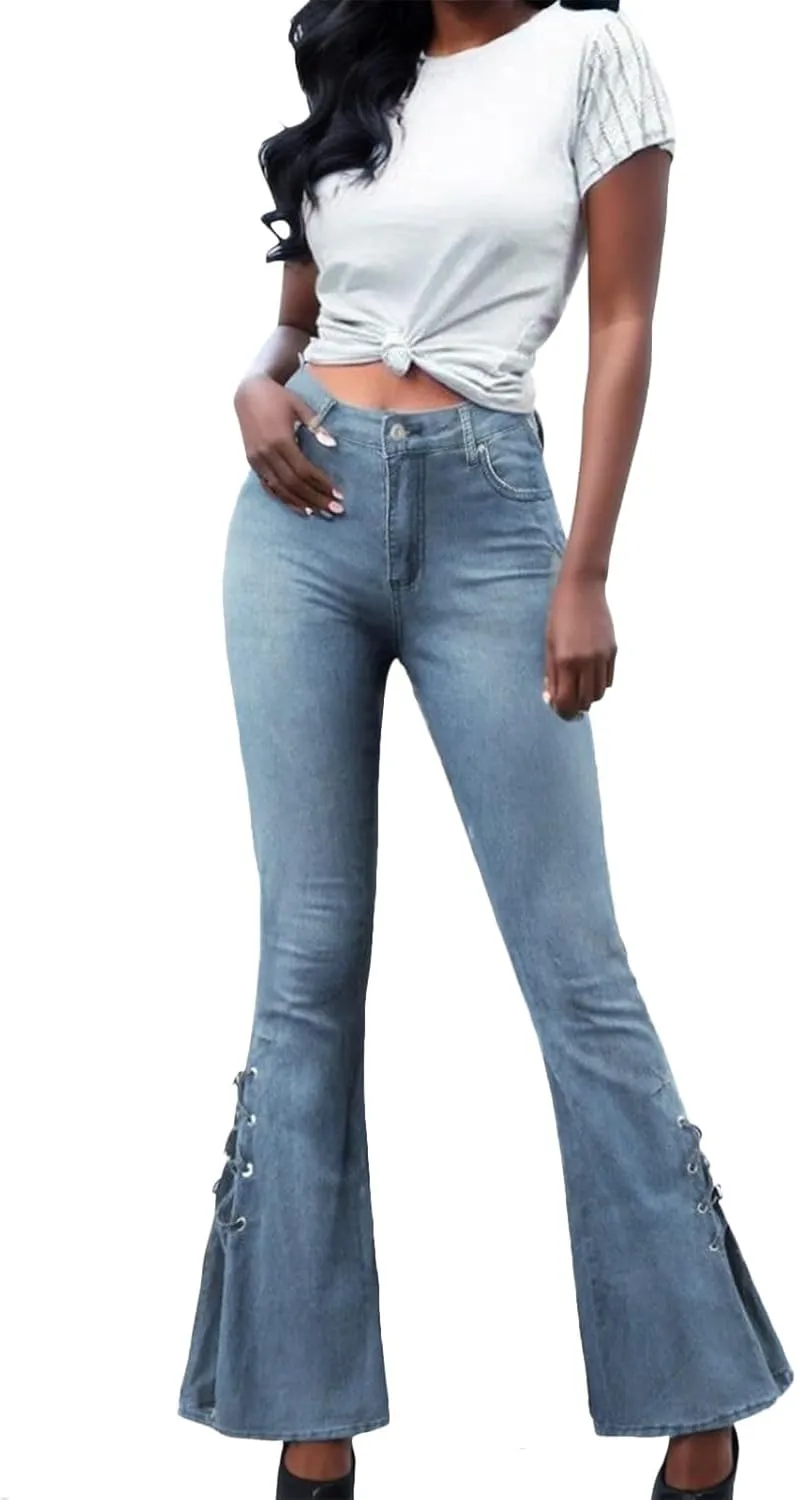Women's Stretch Bell Bottom High Waisted Pull On Skinny Straight Fit Flare Denim Sweatshirt Jeans Y2K Pant