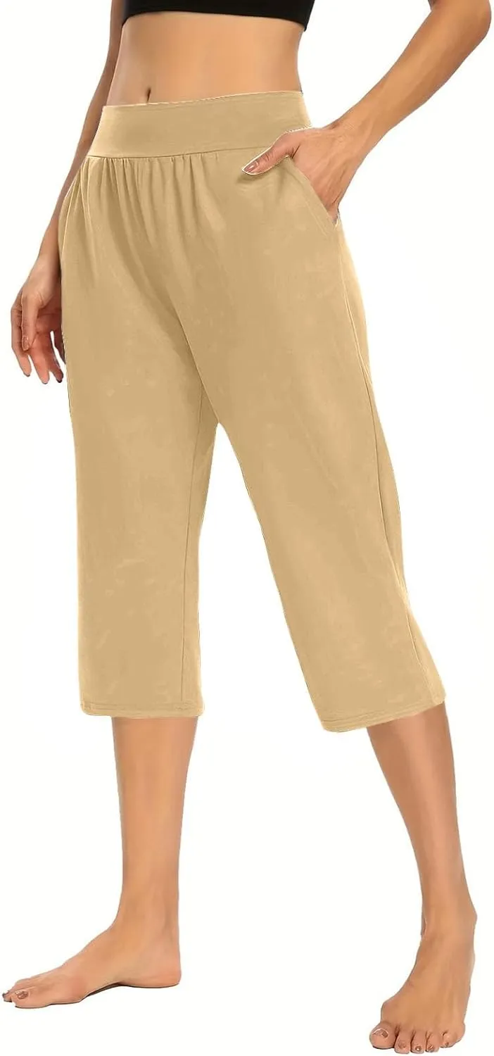 Women's Wide Leg Yoga Capris Pants High Waist Loose Comfy Running Hiking Gym Workout Pants Joggers Lounge Crop