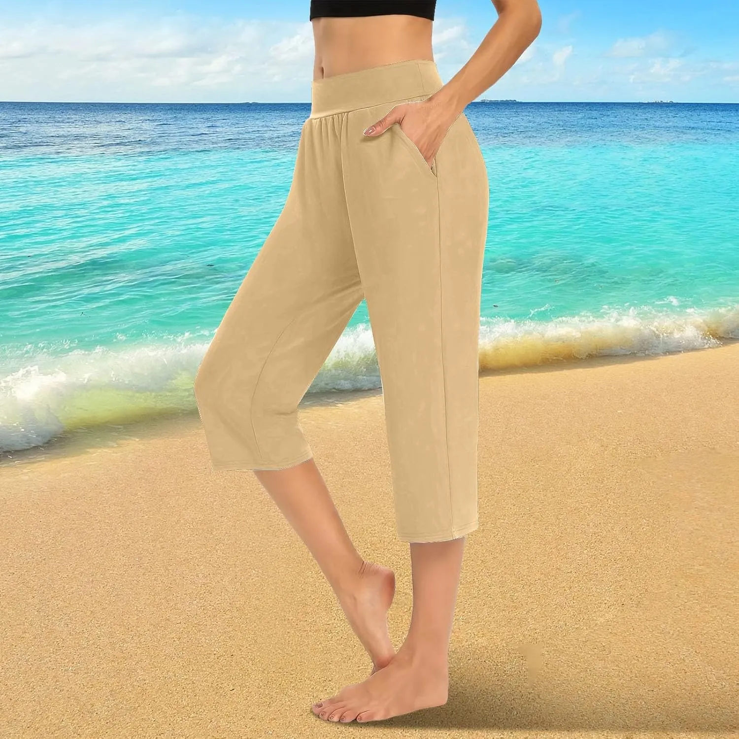 Women's Wide Leg Yoga Capris Pants High Waist Loose Comfy Running Hiking Gym Workout Pants Joggers Lounge Crop