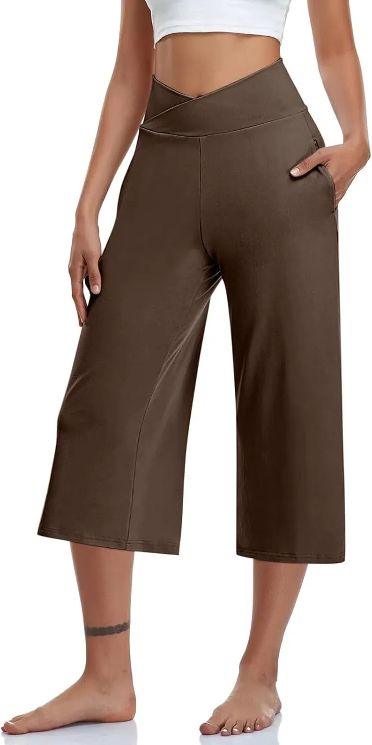 Women's Wide Leg Yoga Capris Pants High Waist Loose Comfy Running Hiking Gym Workout Pants Trouser with Pockets