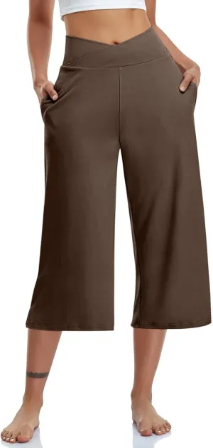 Women's Wide Leg Yoga Capris Pants High Waist Loose Comfy Running Hiking Gym Workout Pants Trouser with Pockets