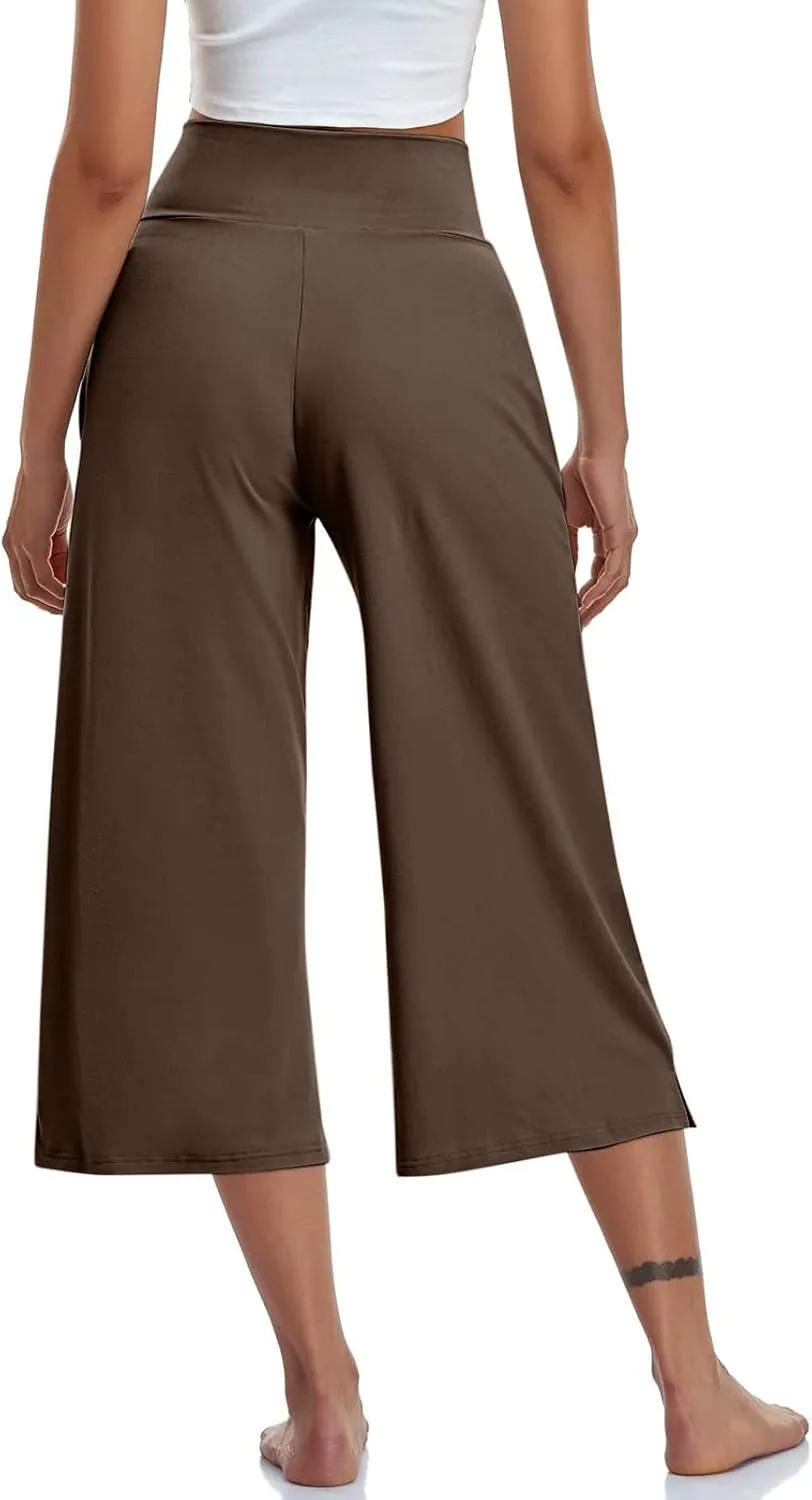Women's Wide Leg Yoga Capris Pants High Waist Loose Comfy Running Hiking Gym Workout Pants Trouser with Pockets