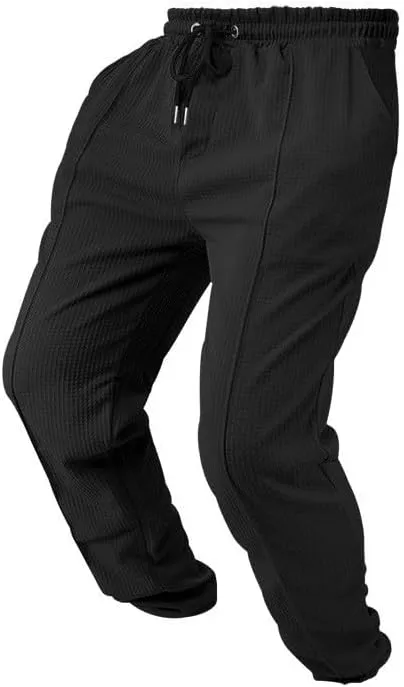 Xiaojmake Mens Casual Drawstring Pants 2025 Elastic Waist Lightweight Summer Loose Straight Waffle Work Pants with Pockets