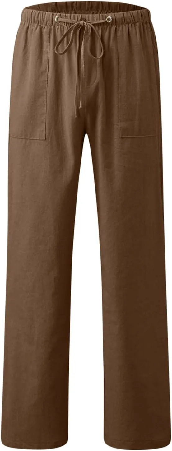 Xiaojmake Mens Casual Linen Pants Elastic Waist Drawstring Fall Loose Fit Baggy Beach Pants Lightweight Trousers with Pockets