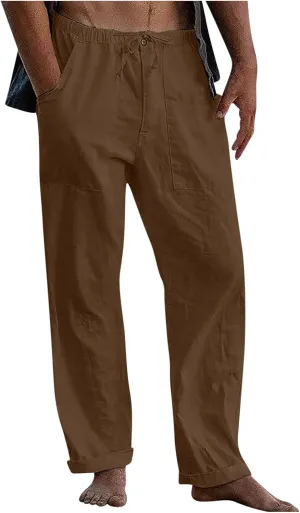 Xiaojmake Mens Casual Linen Pants Elastic Waist Drawstring Fall Loose Fit Baggy Beach Pants Lightweight Trousers with Pockets