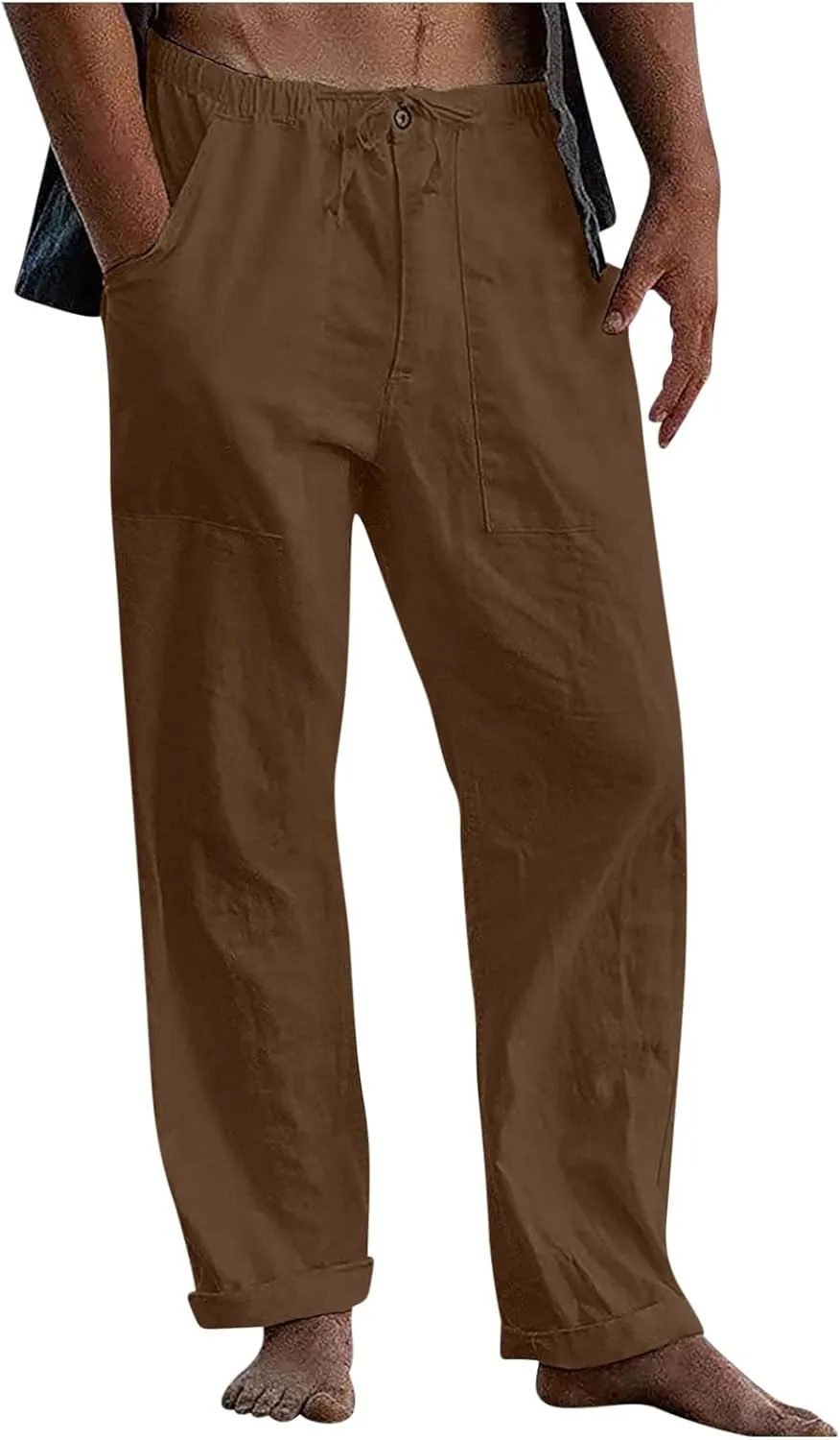 Xiaojmake Mens Casual Linen Pants Elastic Waist Drawstring Fall Loose Fit Baggy Beach Pants Lightweight Trousers with Pockets