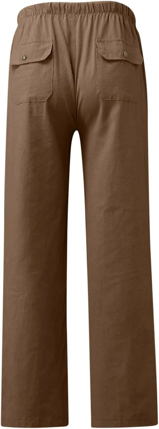 Xiaojmake Mens Casual Linen Pants Elastic Waist Drawstring Fall Loose Fit Baggy Beach Pants Lightweight Trousers with Pockets