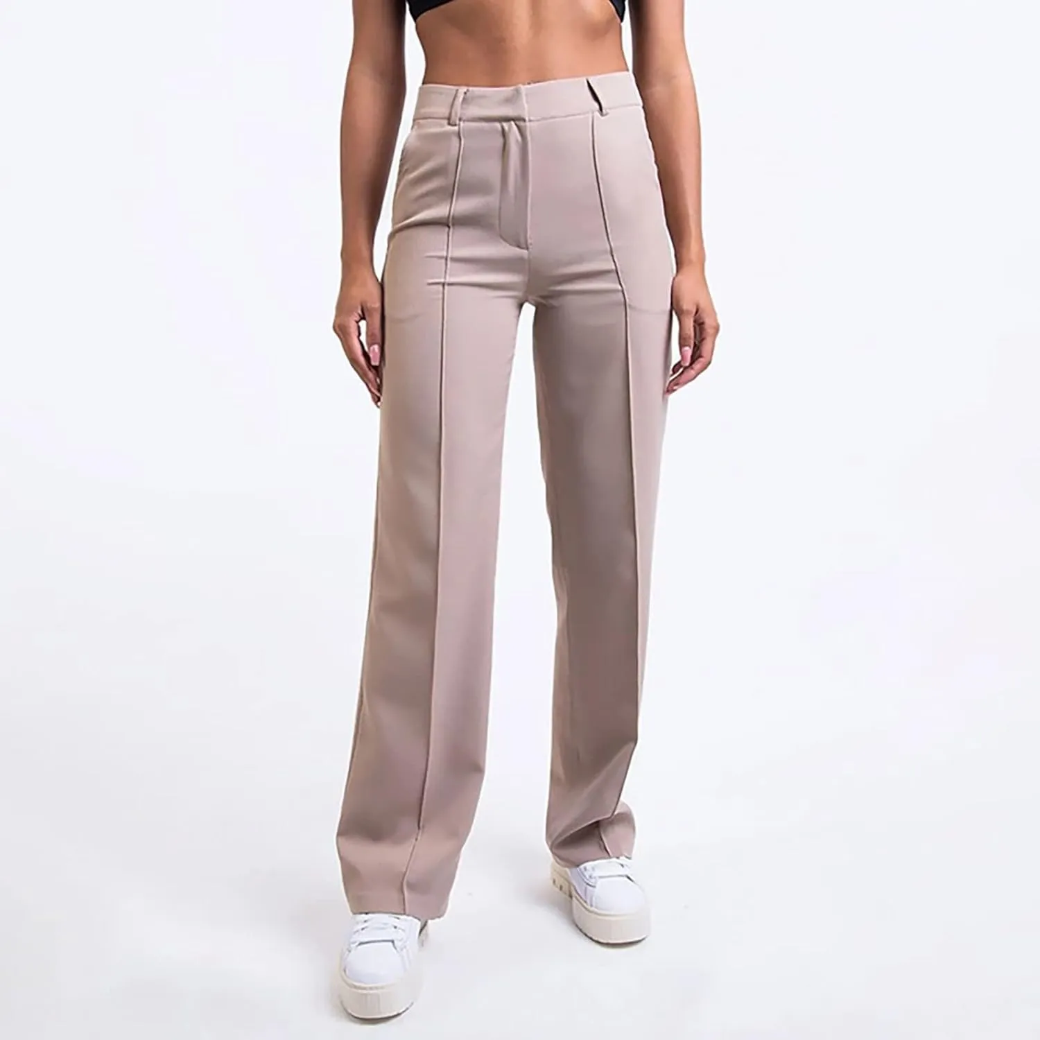 ZYXTIM Women's High Waist Straight Pants Flat Front Smart Work Trousers Zipper Fly Business Casual Trouser Petite-Plus Size